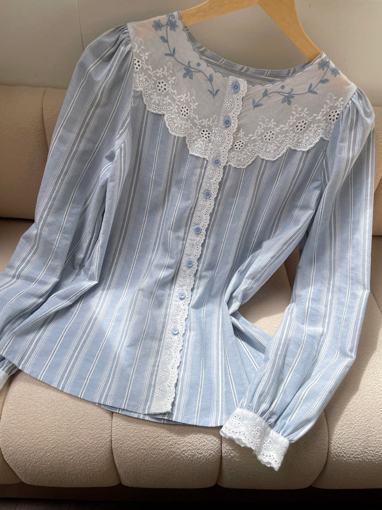 Blue Striped Cotton Lace Blouse