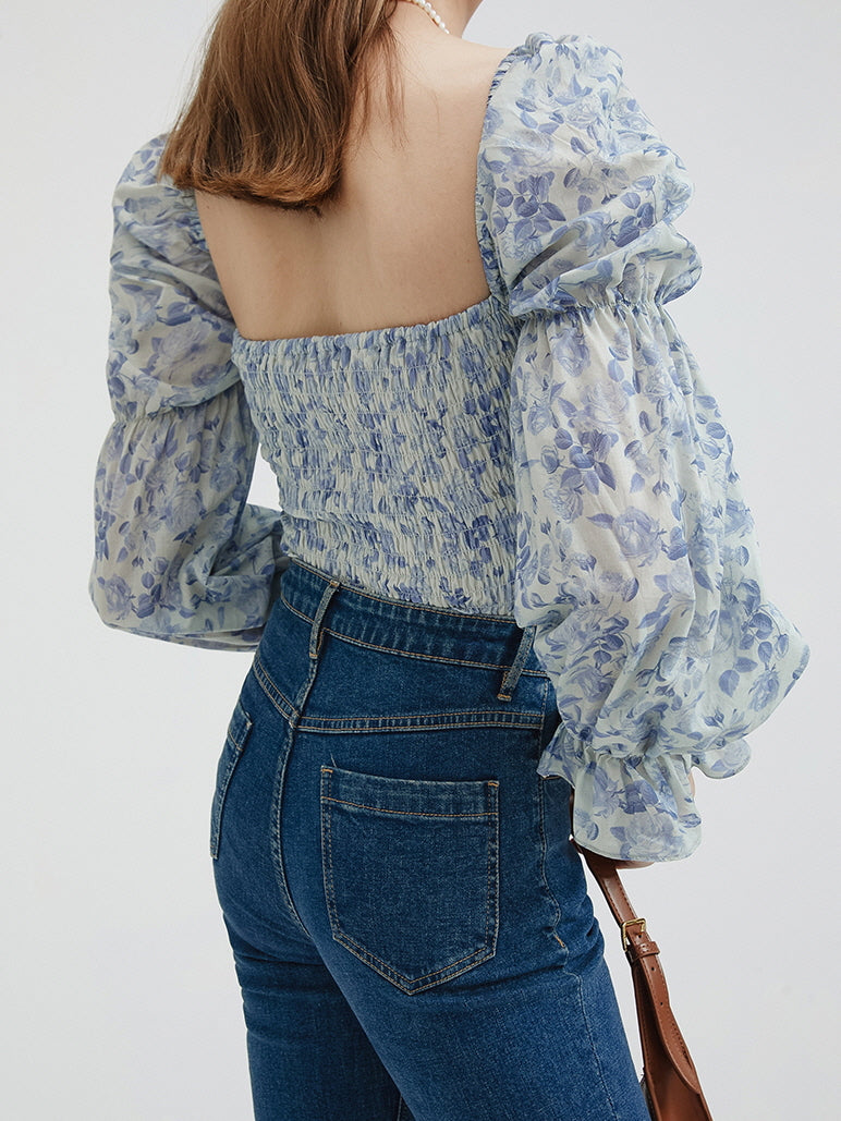 Blue Floral Puff Sleeve Blouse