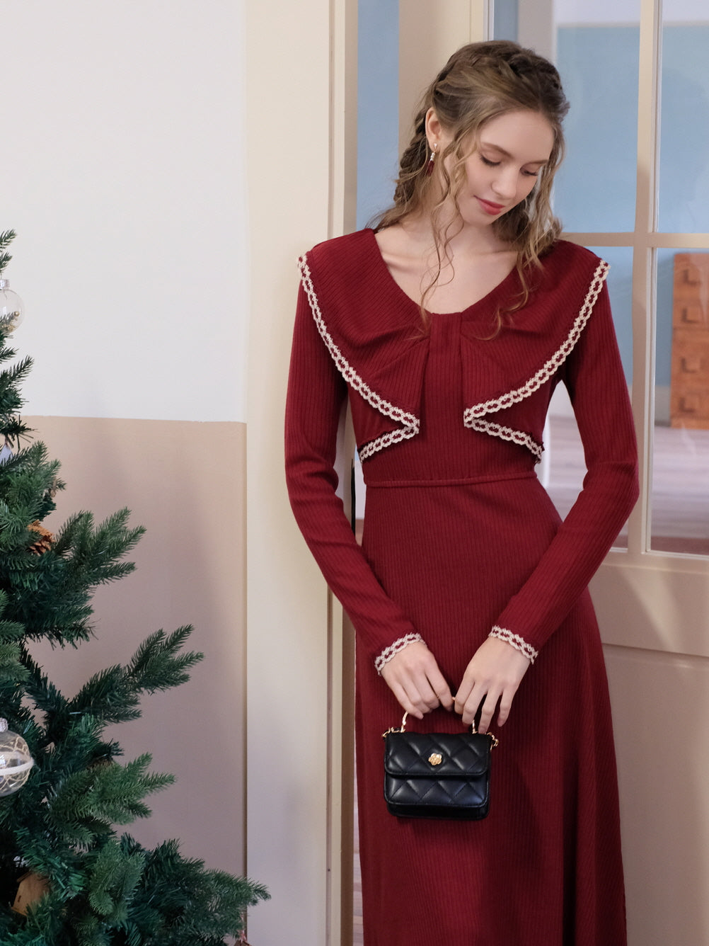 Festive Red Knit Dress with Lace Bow Detail