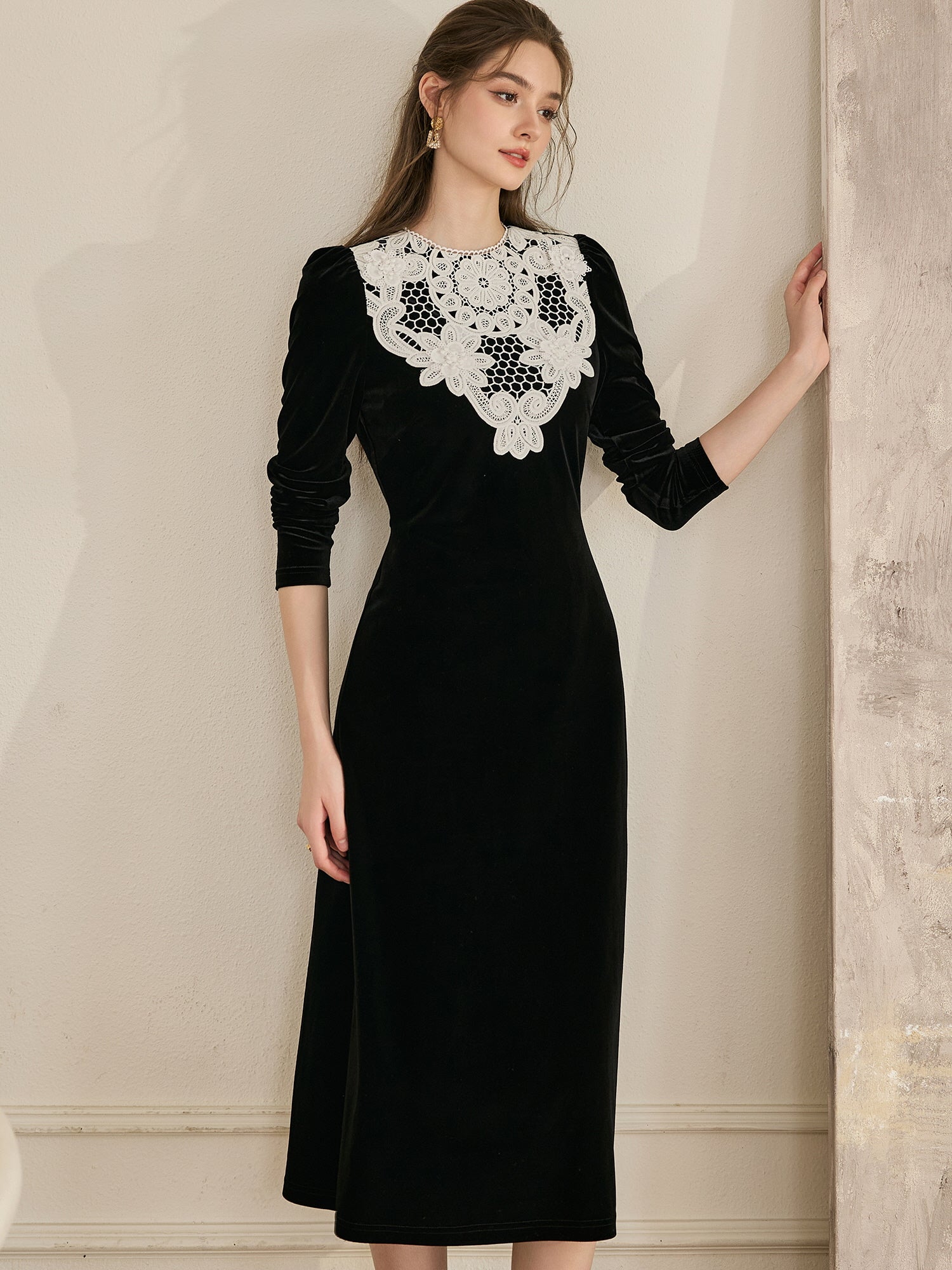 Vintage Black Lace Velvet Winter Dress