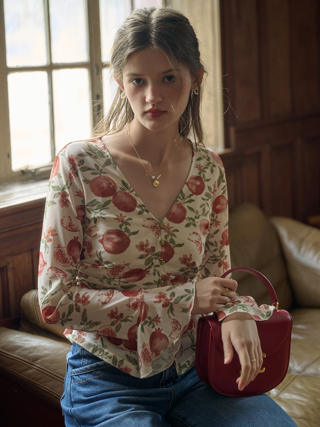 Pomegranate Vintage Print Button-Up Top