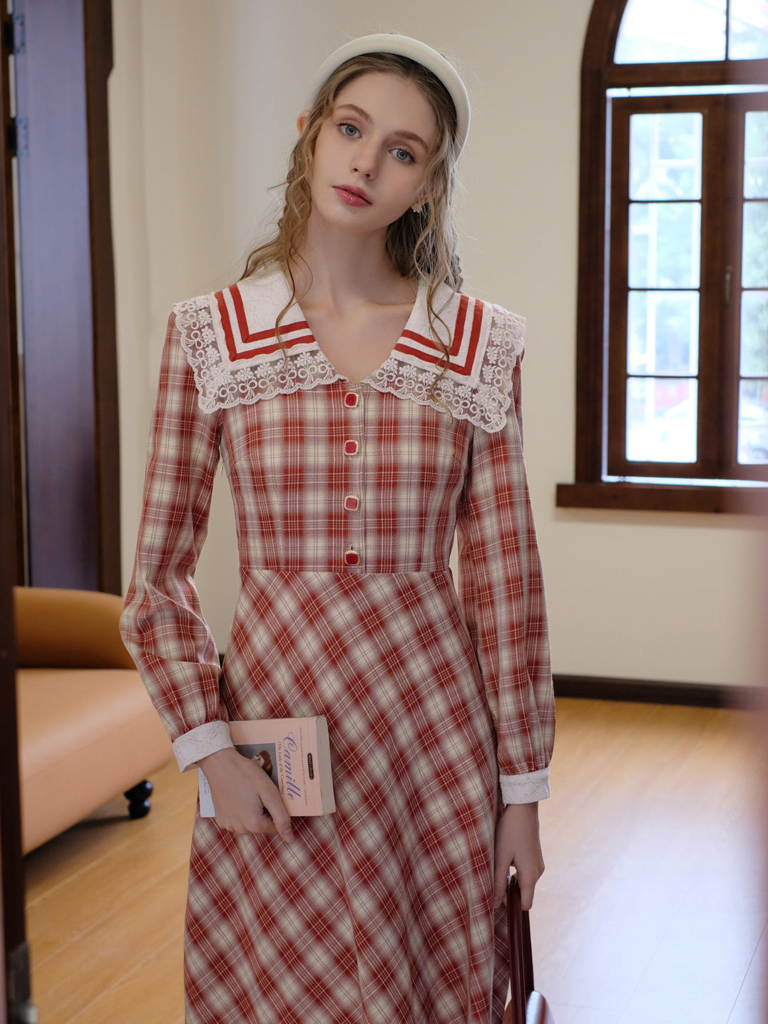 Vintage Red Checkered Lace Collar Dress