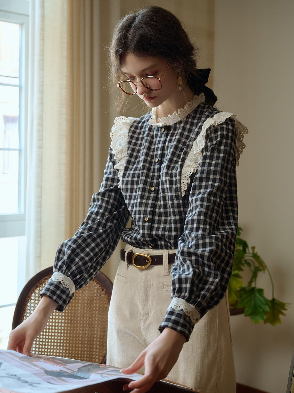 Gingham Blouse with Lace Trim