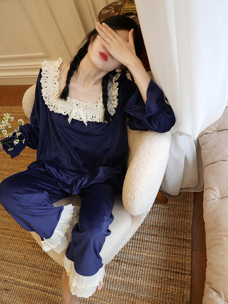 Midnight Velvet Lace-Trim Pajama Set