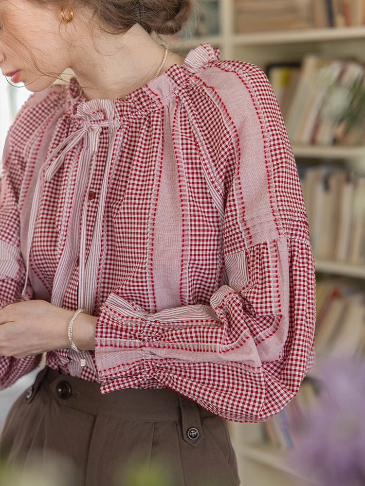 Vintage Gingham Puff-Sleeve Cotton Blouse