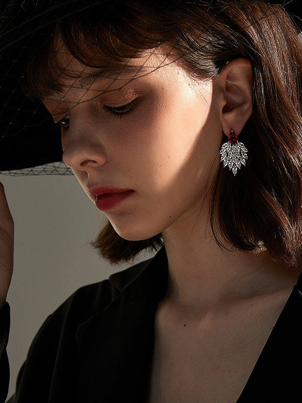 Elegant Ruby Zircon Leaf Drop Earrings