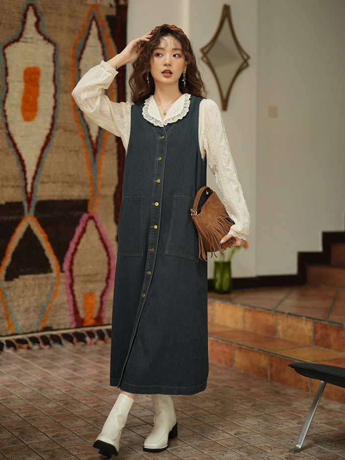 Vintage Denim Sleeveless Dress with Belted Waist