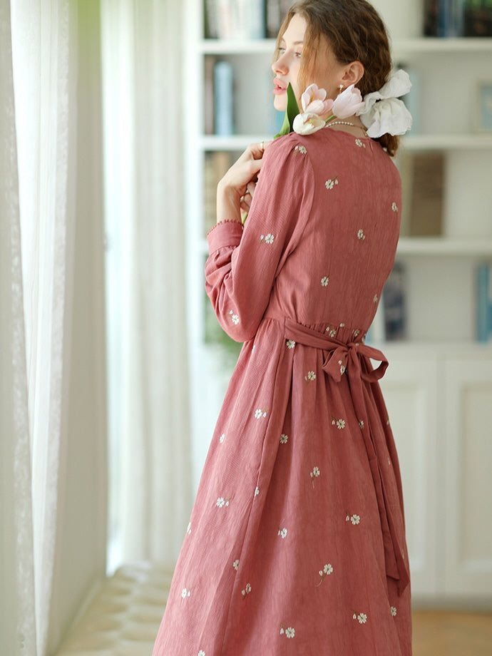 Daisy Dream Embroidered Pink Cotton Dress