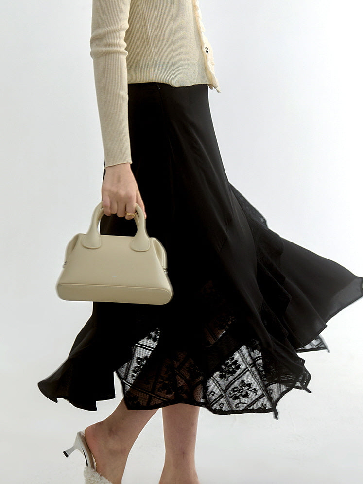 Elegant Black Asymmetrical Lace Midi Skirt