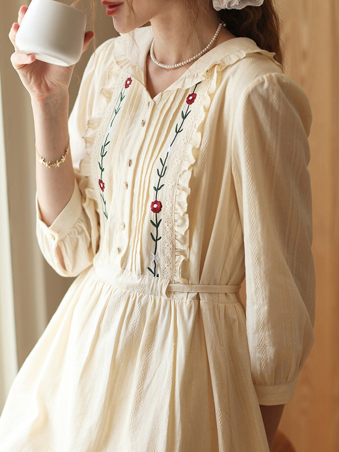 Floral Embroidery Ruffle Trim Cream Cotton Dress