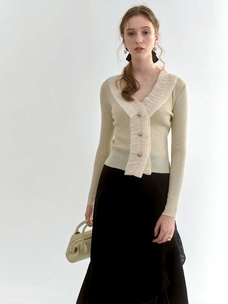 Cream Ruffle-Trim Wool-Blend Cardigan