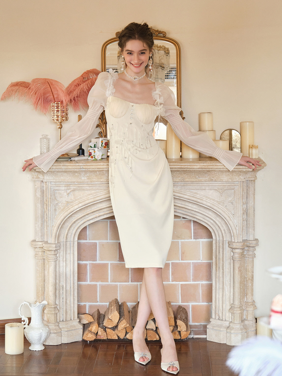 Whimsical Elegance Beaded Ivory Dress