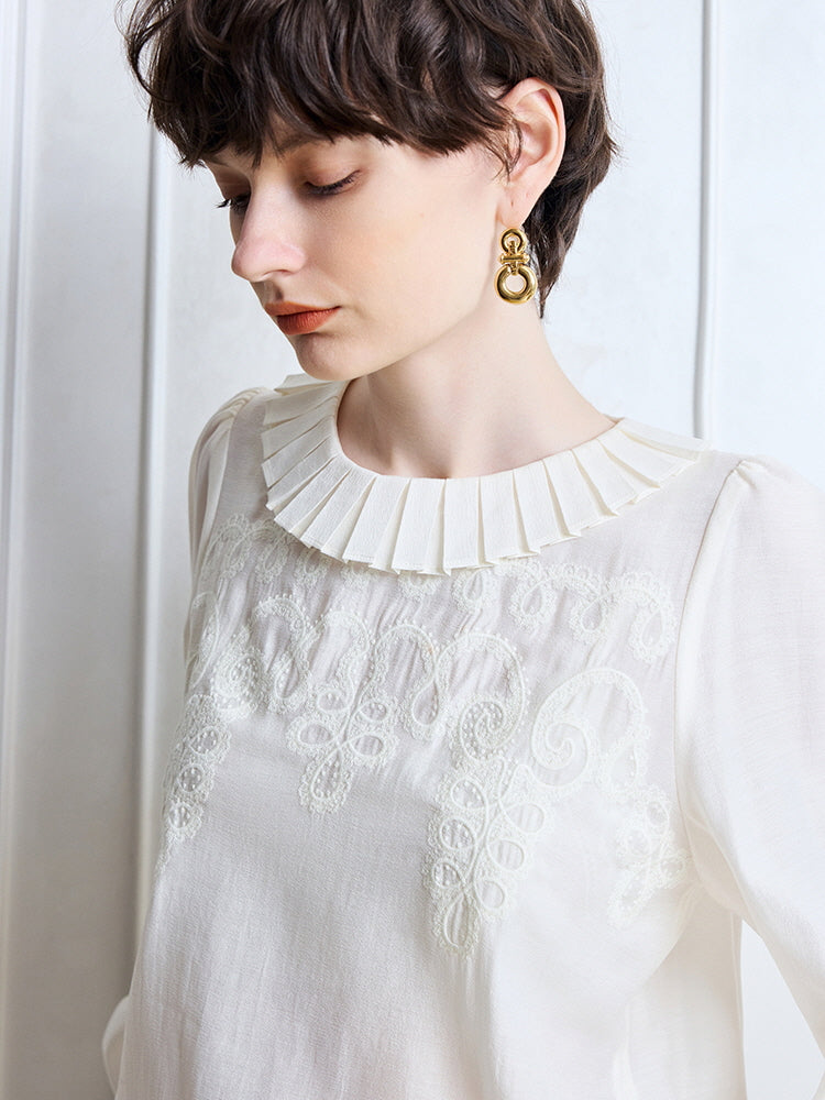 Pleated Collar Embroidered Blouse