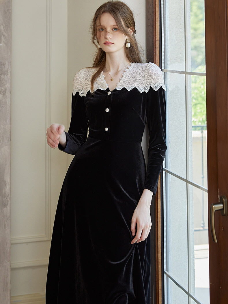 Velvet Lace Collar Vintage Black Dress