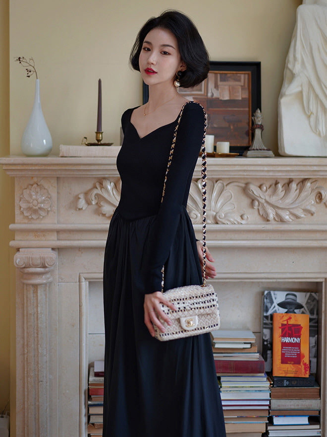 Vintage-Inspired Black Knit and Chiffon Dress