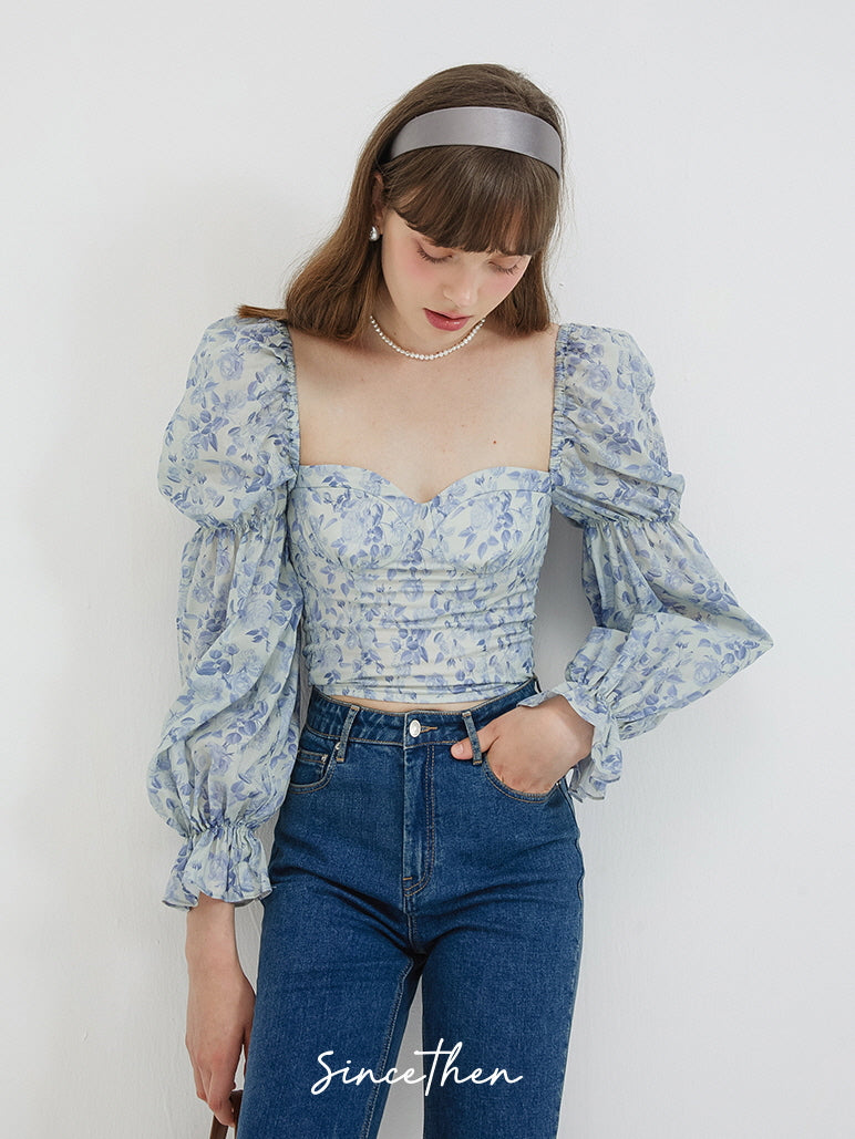 Blue Floral Puff Sleeve Blouse