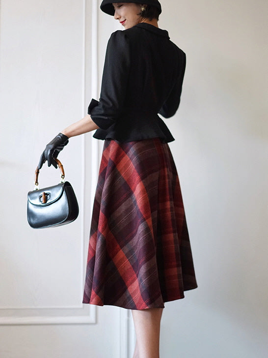 Autumn Plaid Red Checkered Wool Vintage Skirt