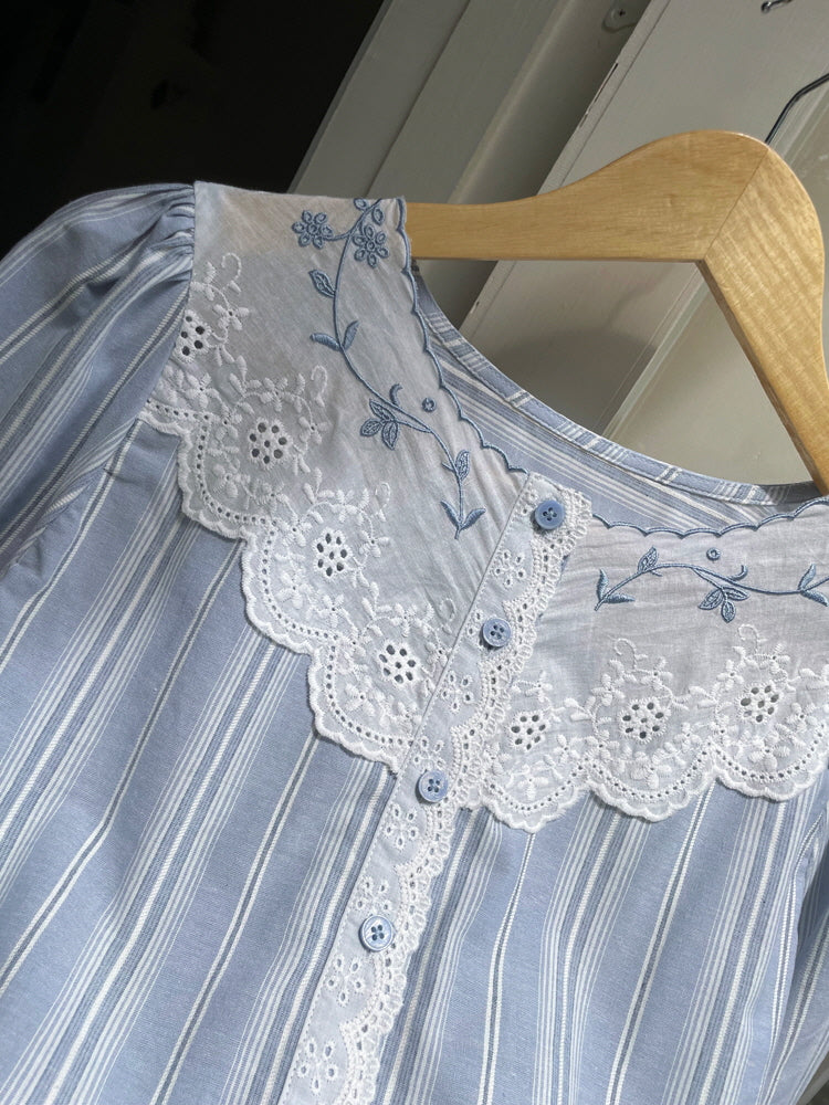 Blue Striped Cotton Lace Blouse