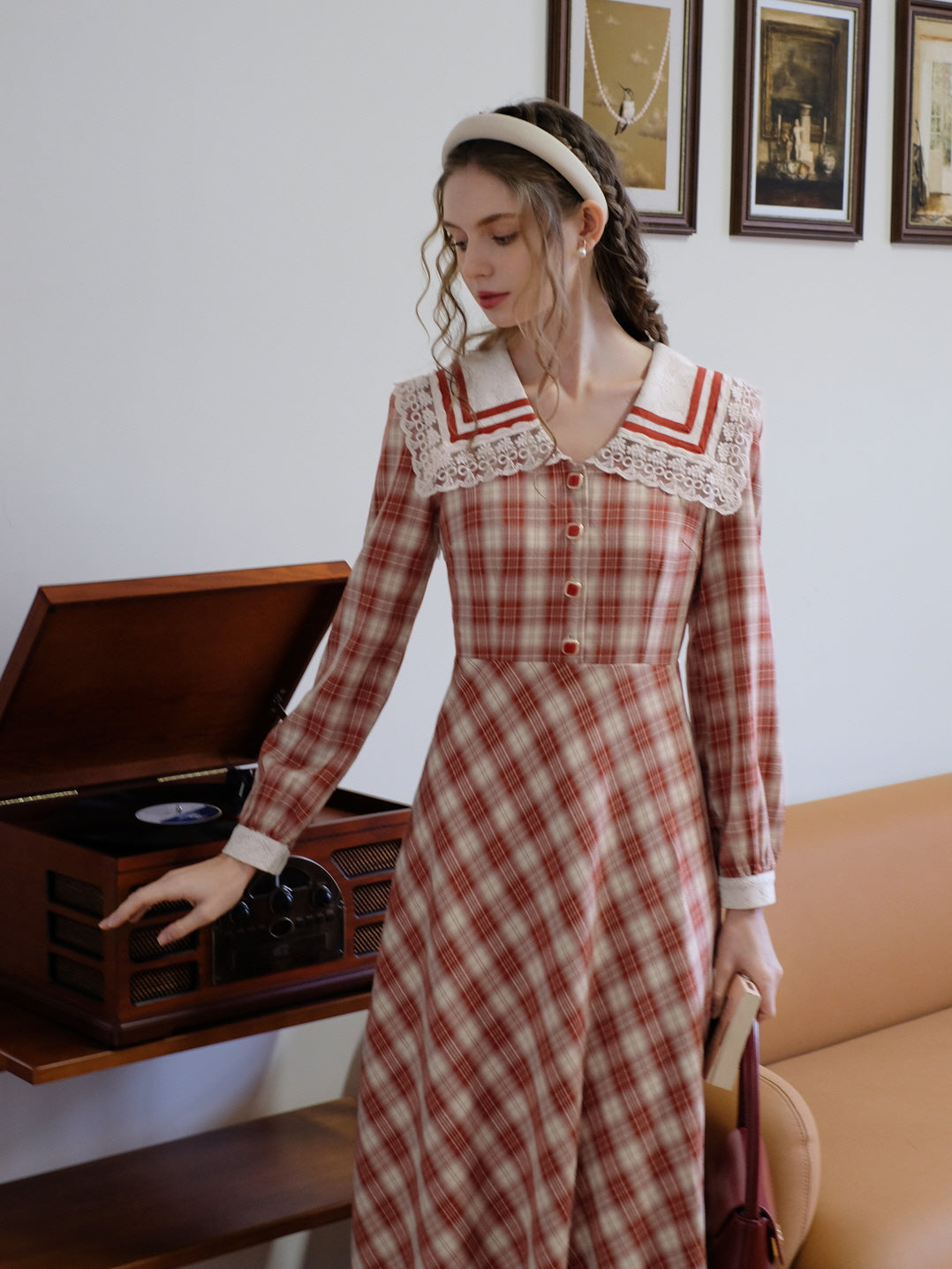 Vintage Red Checkered Lace Collar Dress