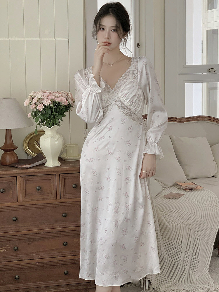 Delicate Floral Lace-Trim Nightgown