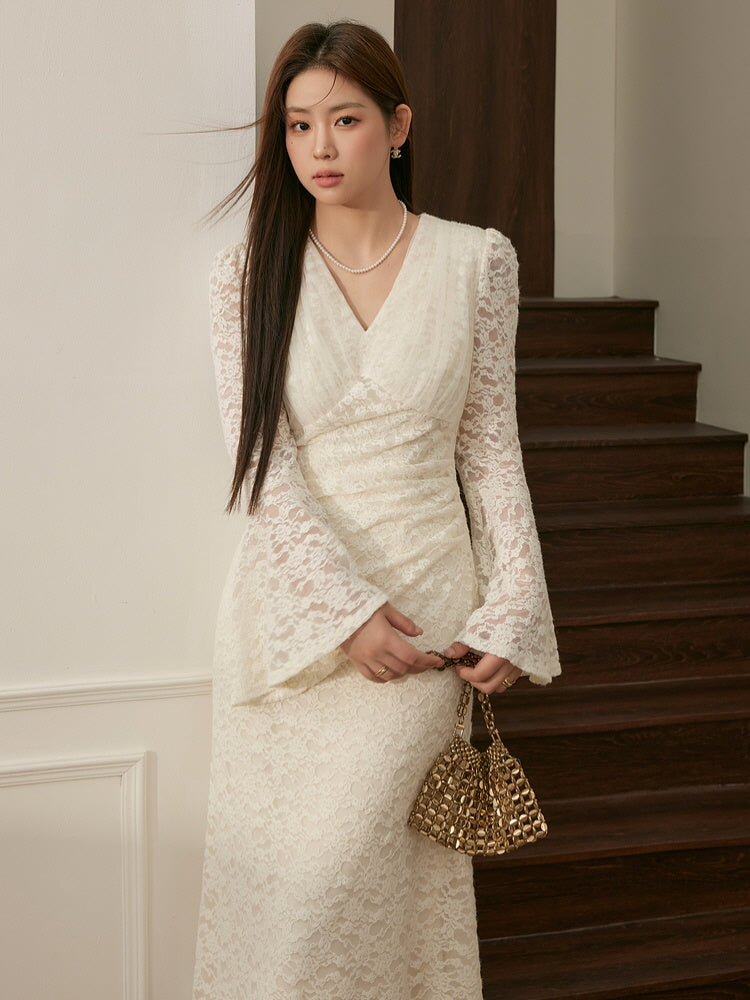 Romantic Ivory Lace Bell-Sleeve Dress