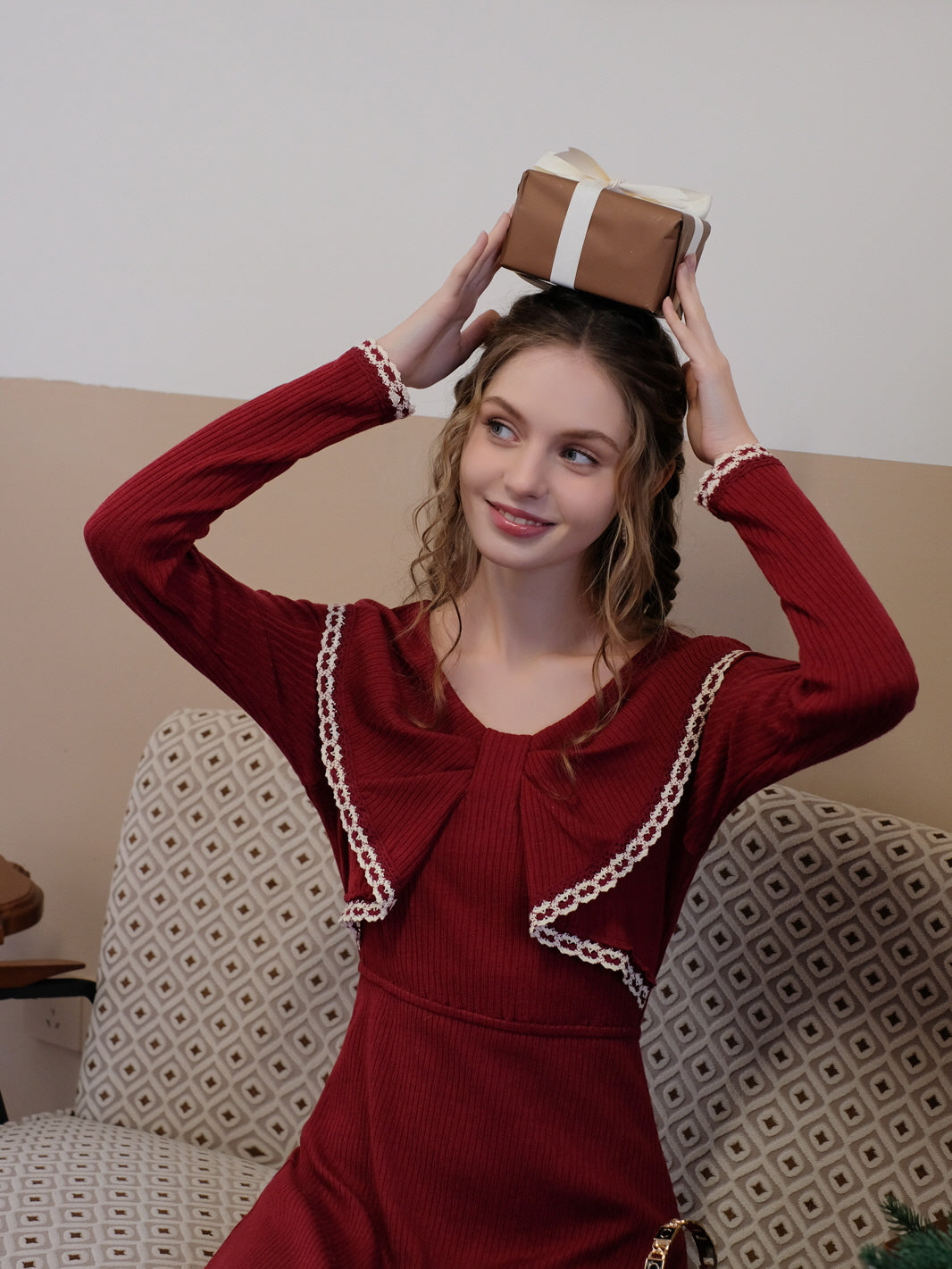 Festive Red Knit Dress with Lace Bow Detail