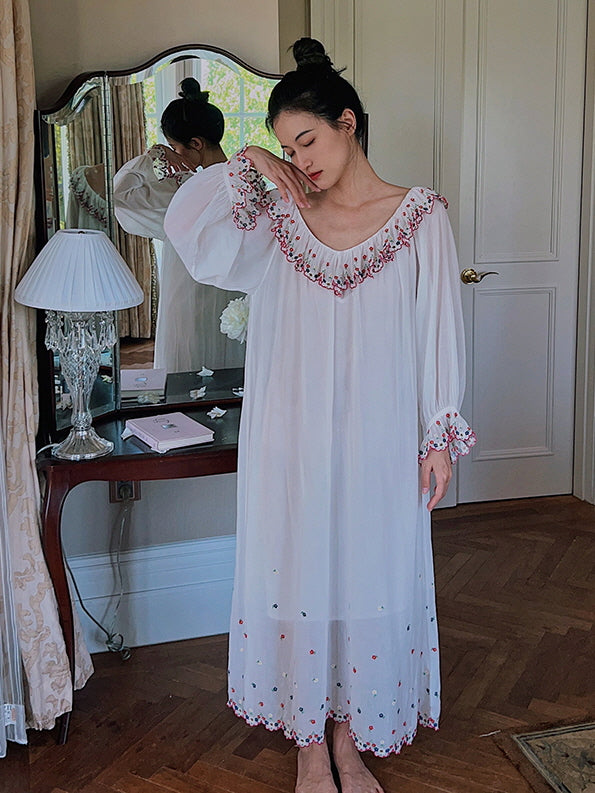 Floral Serenity Embroidered Cotton Nightgown