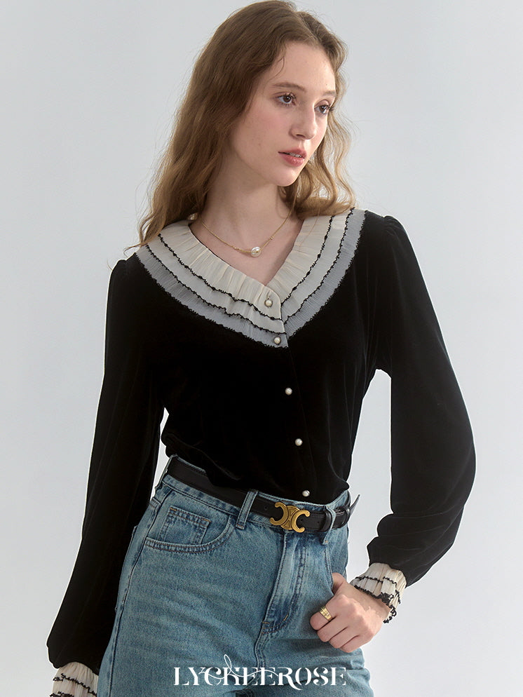 Black Velvet Contrast-Collar Cardigan