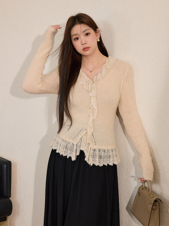 Ivory Lace Trim Wool Blend Cardigan