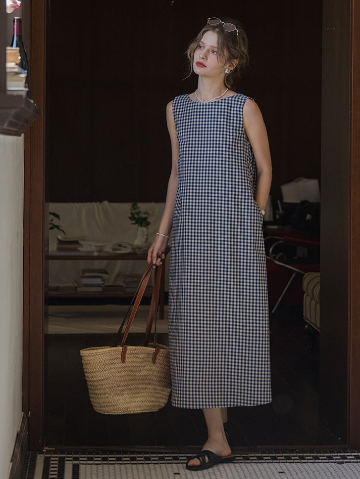 Classic Checkered Cotton-Linen Summer Dress