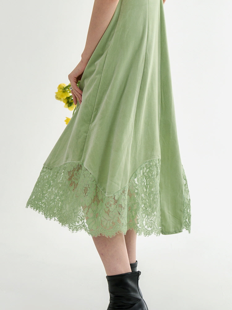 Green Velvet Lace-Trimmed Dress