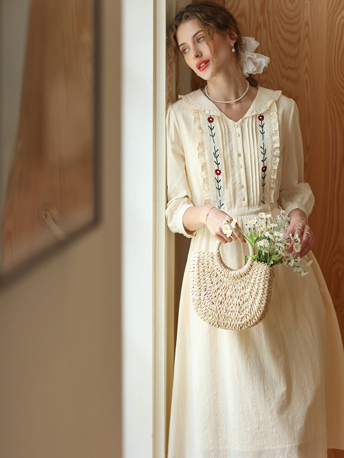 Floral Embroidery Ruffle Trim Cream Cotton Dress