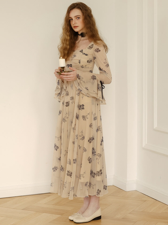 Enchanted Garden Long Beige Floral Dress