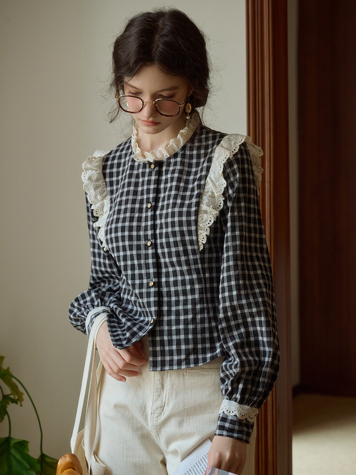 Gingham Blouse with Lace Trim