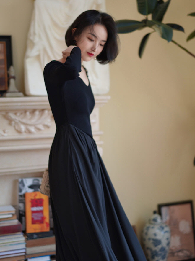 Vintage-Inspired Black Knit and Chiffon Dress