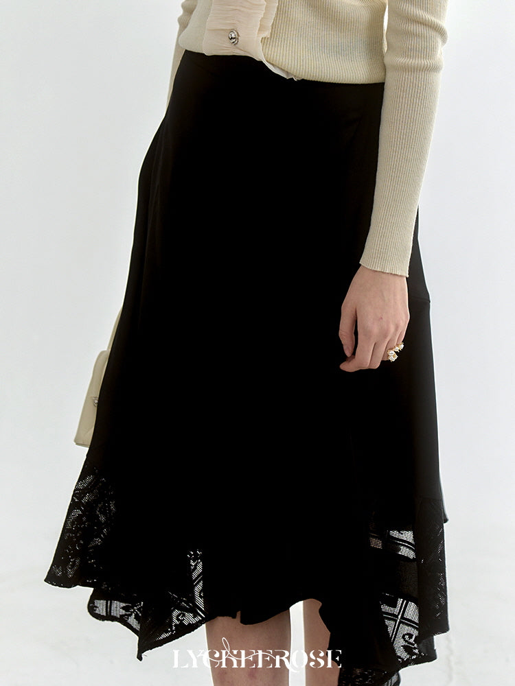 Elegant Black Asymmetrical Lace Midi Skirt