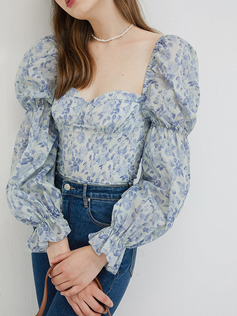 Blue Floral Puff Sleeve Blouse