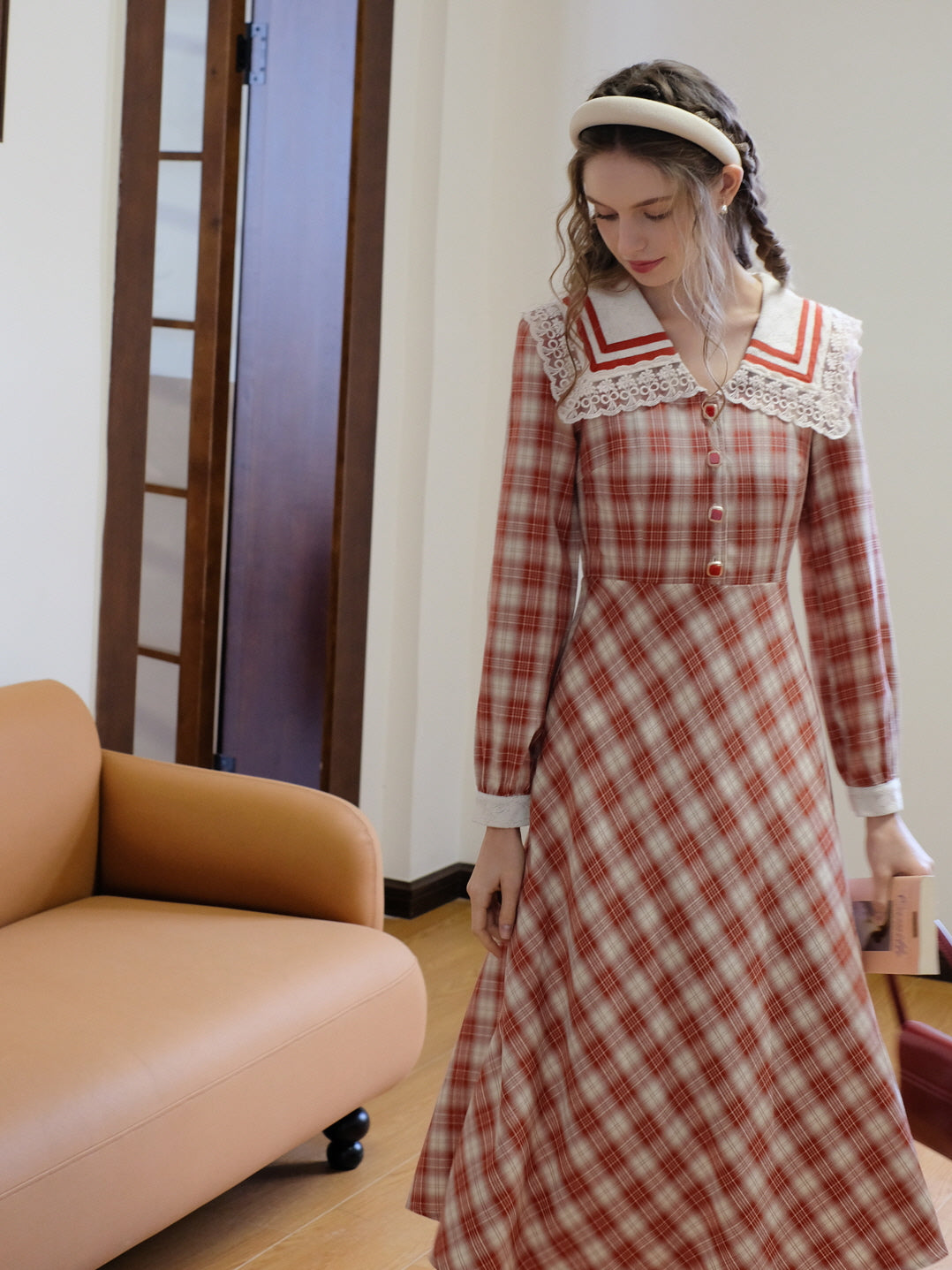 Vintage Red Checkered Lace Collar Dress