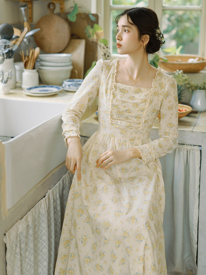 Floral Cottagecore Long-Sleeve Cotton Dress - Yellow Floral / S Floral Cottagecore Long-Sleeve Cotton Dress - Yellow Floral / S