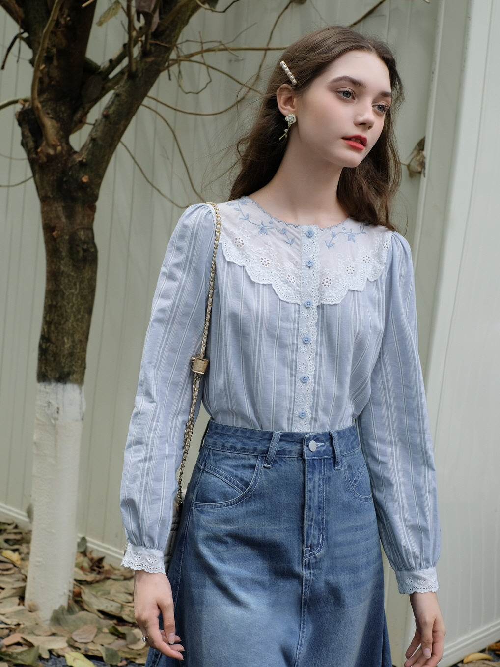 Blue Striped Cotton Lace Blouse