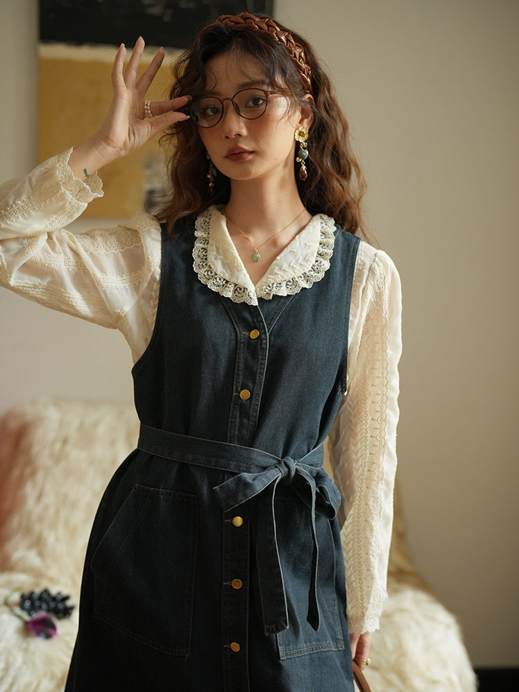 Vintage Denim Sleeveless Dress with Belted Waist