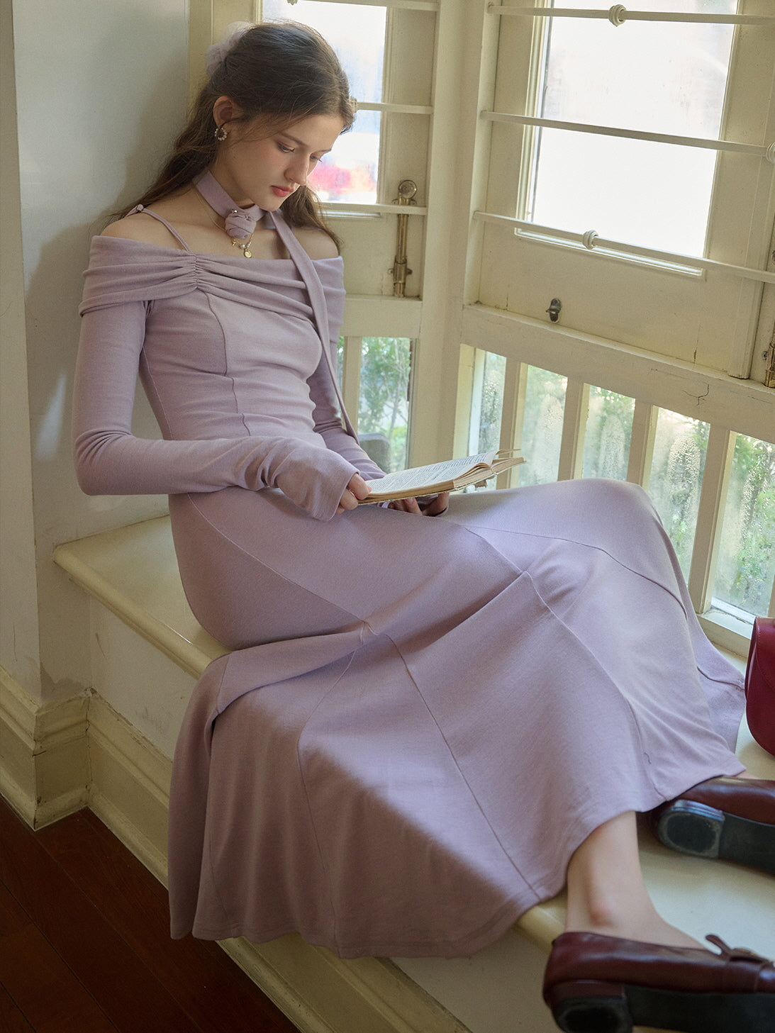 Elegant Off-Shoulder Lilac Maxi Dress