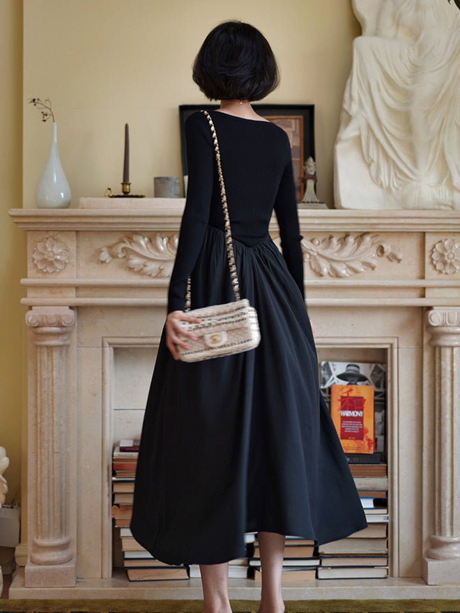 Vintage-Inspired Black Knit and Chiffon Dress