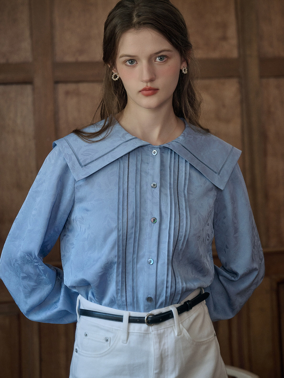 Vintage Floral Embossed Sailor Collar Blouse