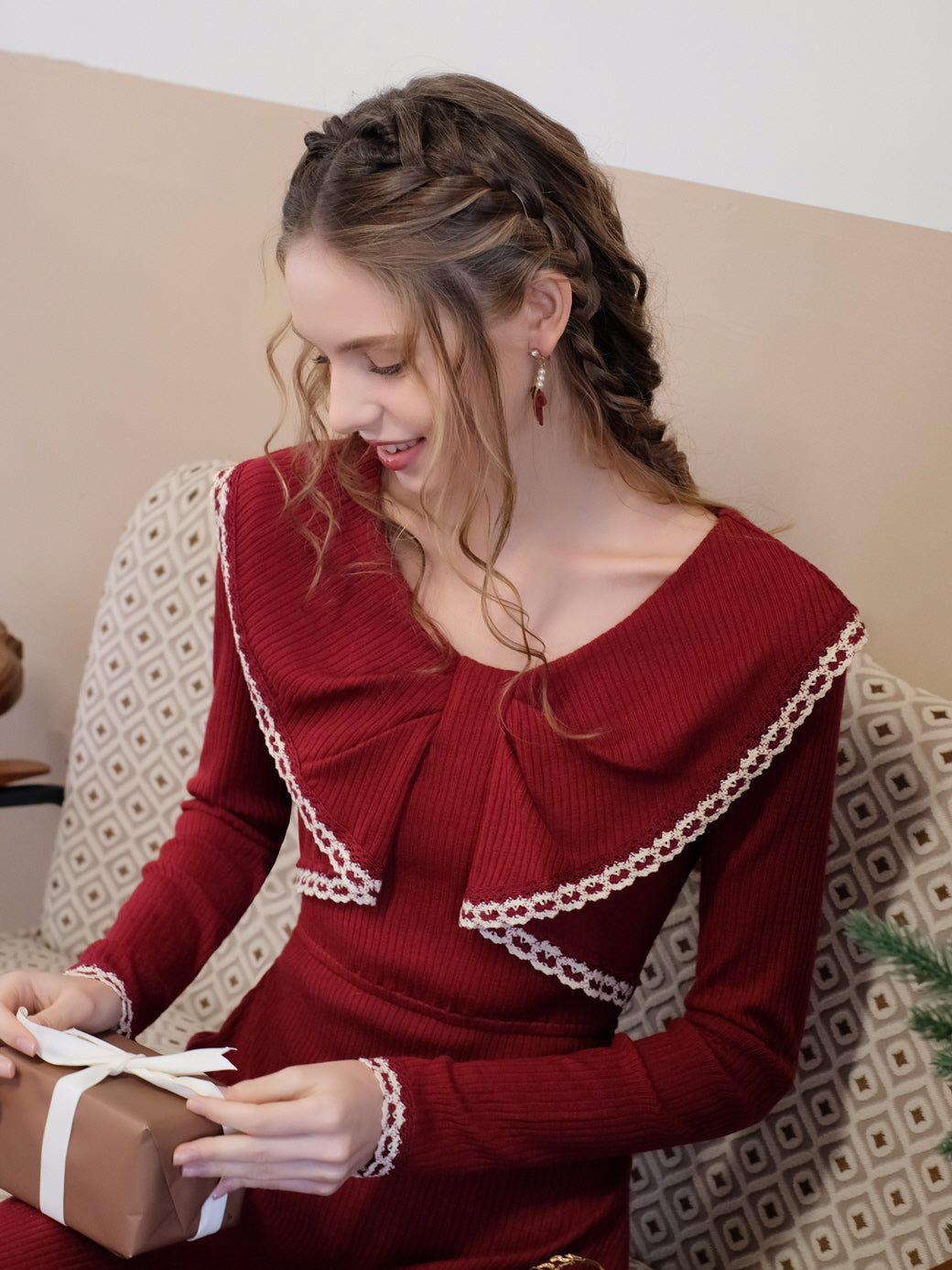 Festive Red Knit Dress with Lace Bow Detail