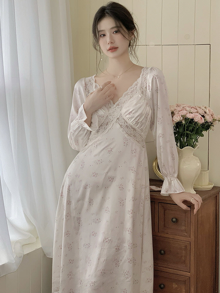 Delicate Floral Lace-Trim Nightgown