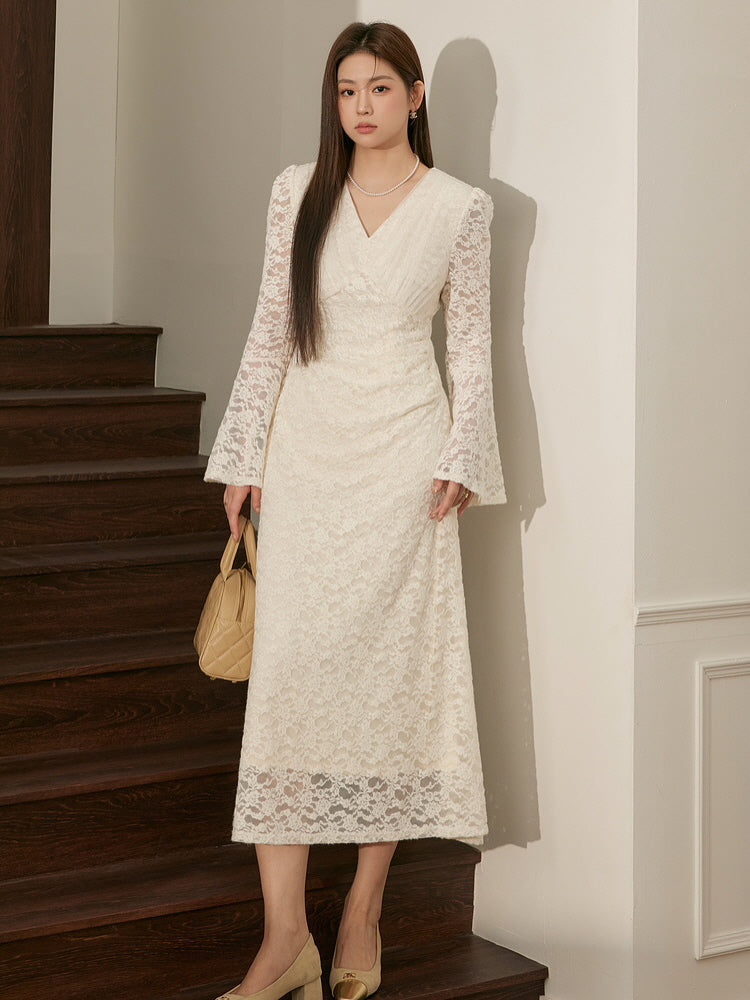 Romantic Ivory Lace Bell-Sleeve Dress