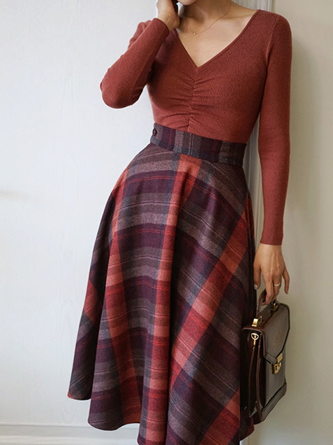 Autumn Plaid Red Checkered Wool Vintage Skirt