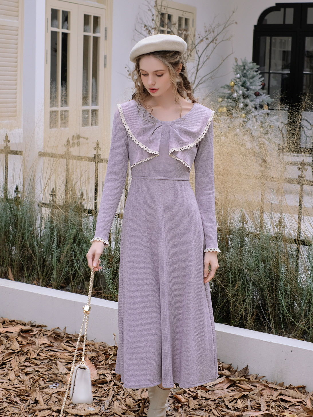 Lilac Bow-Knit Dress with Lace Trim Accents