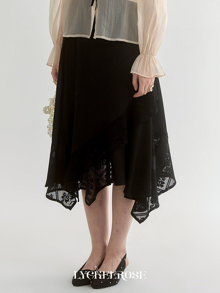 Elegant Black Asymmetrical Lace Midi Skirt